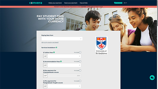 A screenshot of the Convera GlobalPay for students form