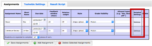 Screenshot of Coursework Configuration overview with Assignment Settings link highlighted