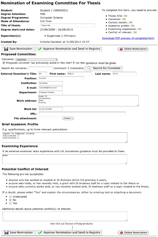 Example of Examining Committee Nomination form