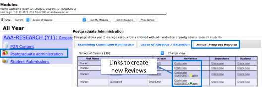 The updated screenshot for the Postgraduate Annual Progress reports tab