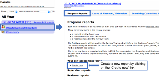 Link to Postgraduate Administration tool and the Progress Report Overview